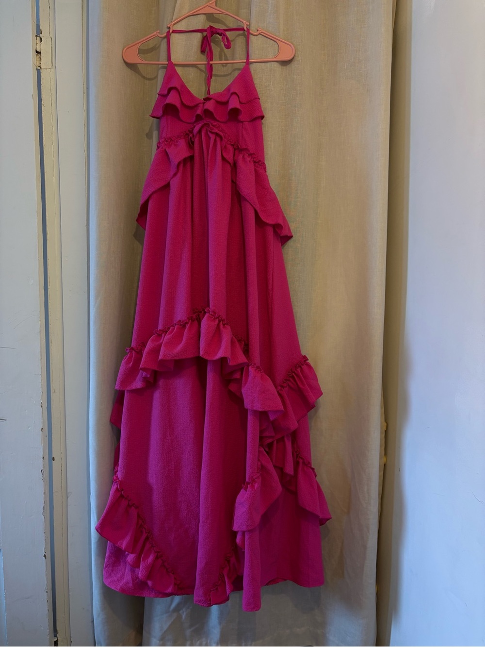Hot Pink Ruffled Halter Maxi Dress